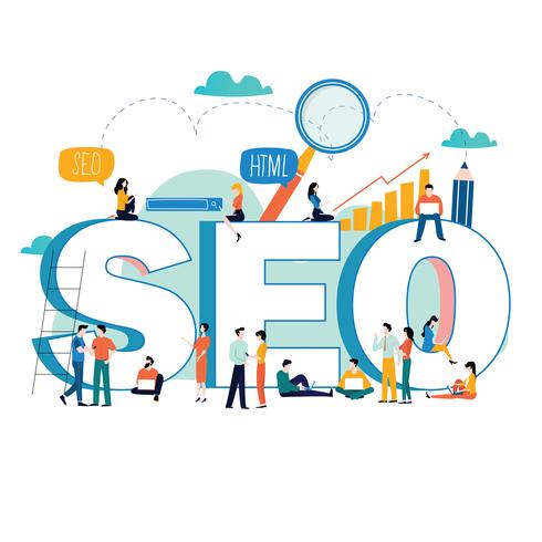 seo search engine optimization keyword research market research flat vector illustration