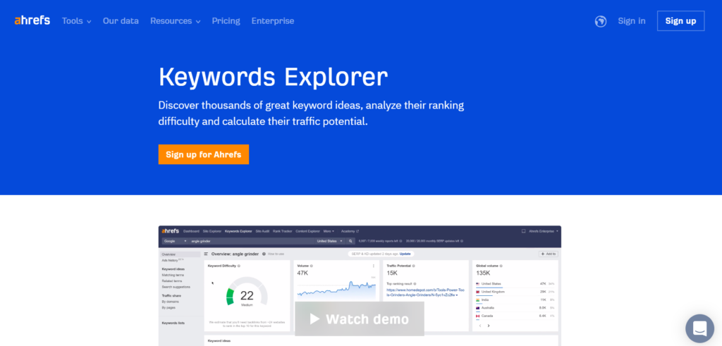 Digital Marketing Tools - Keyword Explorer by Ahrefs home page